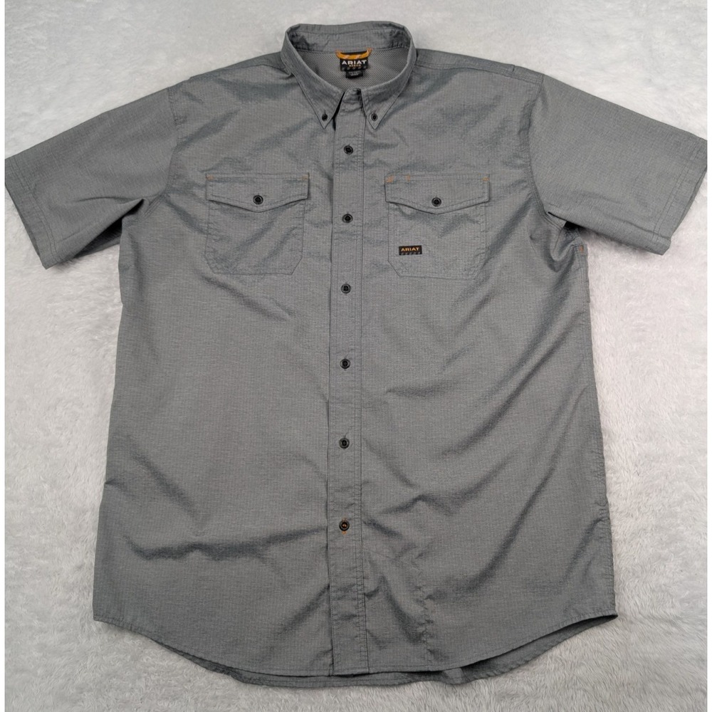 Ariat Rebar Shirt Mens L Gray Short Sleeve Vented Workwear Button Stretch *Read